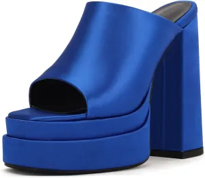 THESHY Women's Platform Chunky Block Heel Peep Toe Sandals Satin Slip on Wedge Heeled Sandals Fashion Mules for Women
