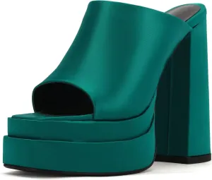 THESHY Women's Platform Chunky Block Heel Peep Toe Sandals Satin Slip on Wedge Heeled Sandals Fashion Mules for Women