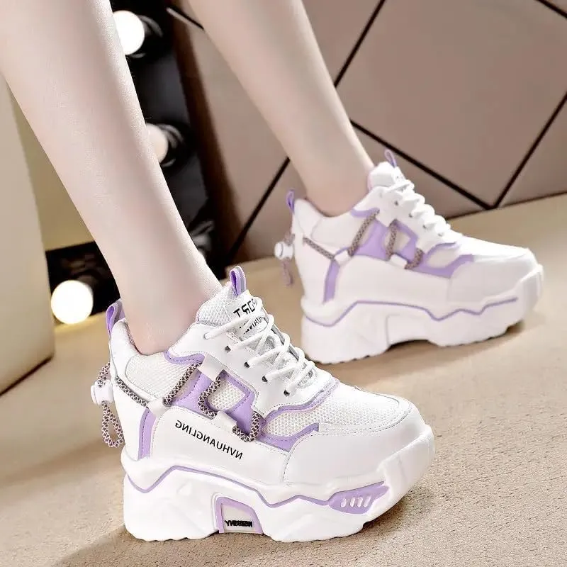 Thick Sole Sports Casual Leather Shoes for Ladies, Womens Platform Sneakers, Oxfords, Air Cushion, Lace-up, High Top, Platform, Retro, Vulcanize, Court, Walking Shoes Lilac