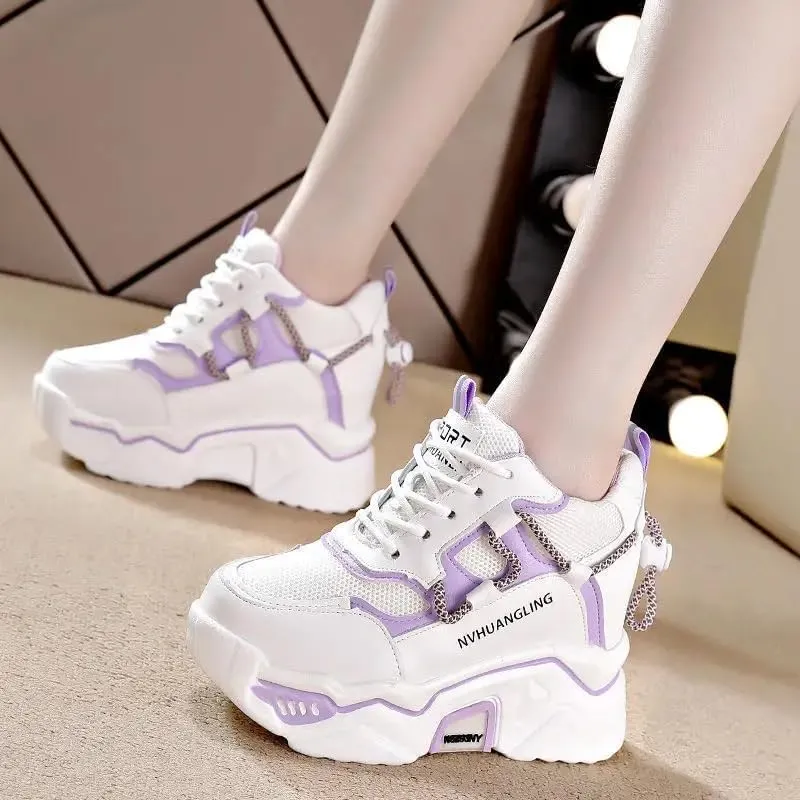 Thick Sole Sports Casual Leather Shoes for Ladies, Womens Platform Sneakers, Oxfords, Air Cushion, Lace-up, High Top, Platform, Retro, Vulcanize, Court, Walking Shoes Lilac