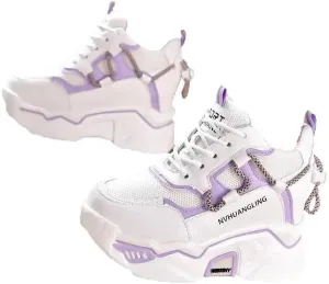 Thick Sole Sports Casual Leather Shoes for Ladies, Womens Platform Sneakers, Oxfords, Air Cushion, Lace-up, High Top, Platform, Retro, Vulcanize, Court, Walking Shoes Lilac