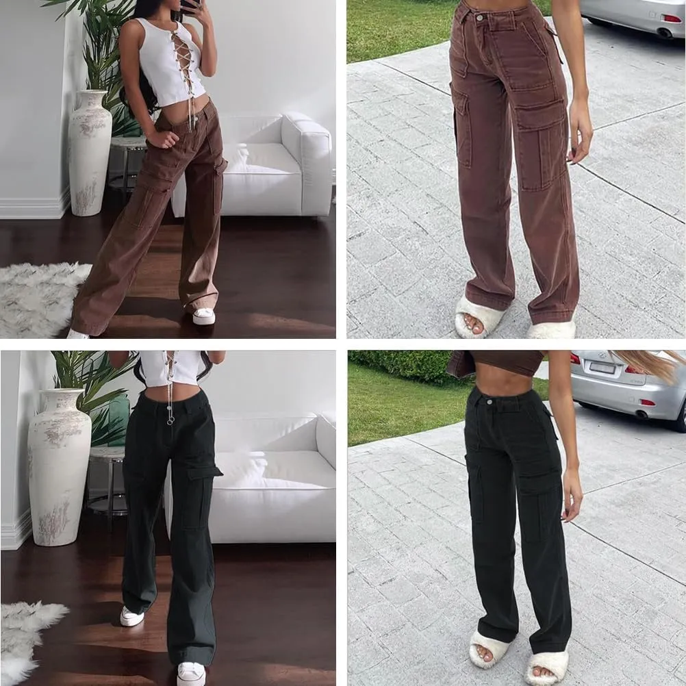 THWEI Cargo Pants for Women High Waisted Casual Baggy Stretchy Wide Leg Y2K Streetwear with 6 Pockets