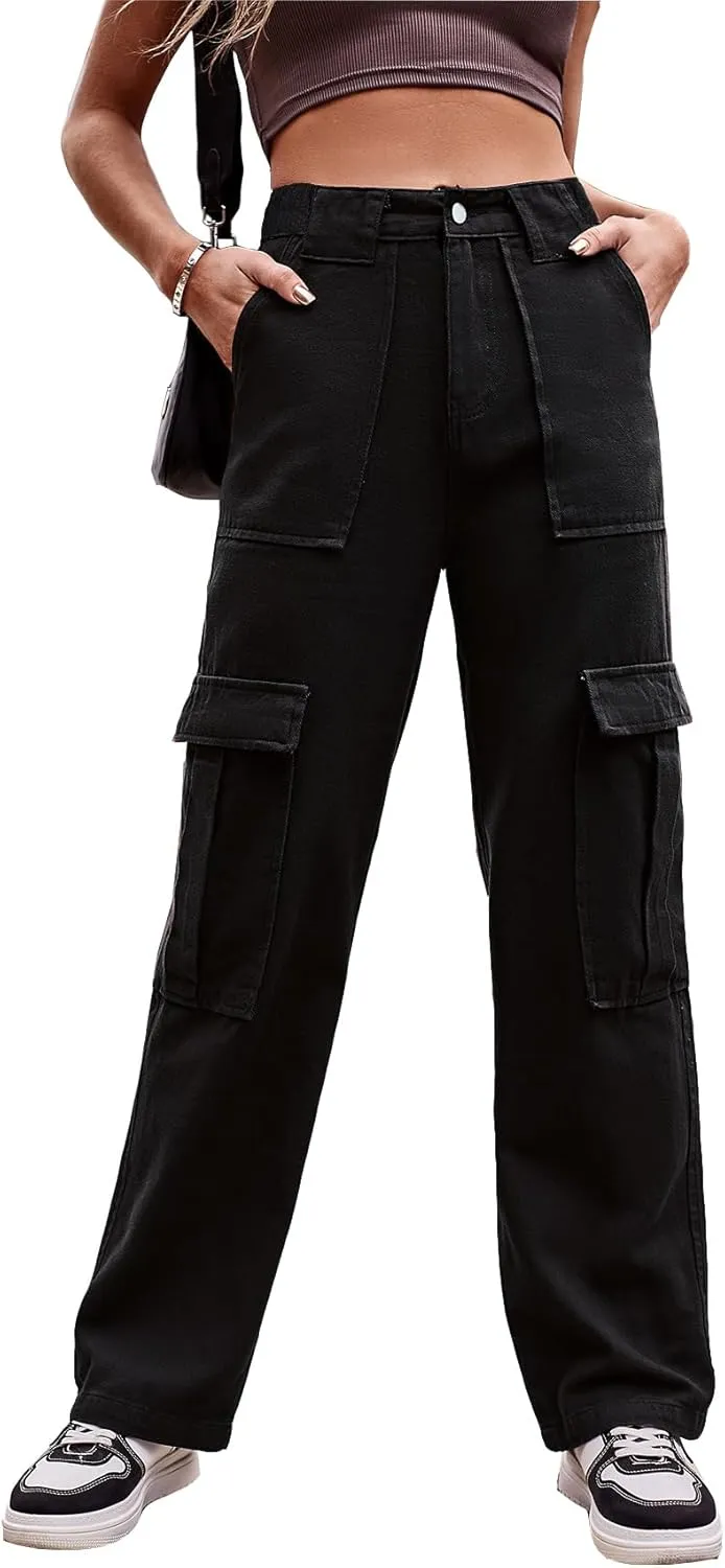 THWEI Cargo Pants for Women High Waisted Casual Baggy Stretchy Wide Leg Y2K Streetwear with 6 Pockets