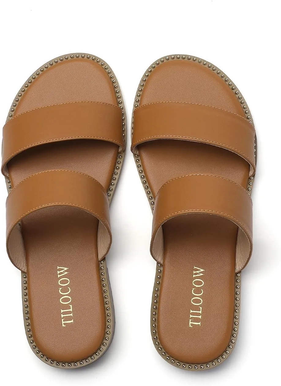 Tilocow Women's Flat Sandals with Rivets Inlaid Slip on Sandals Two Strap Casual Summer Slide Shoes