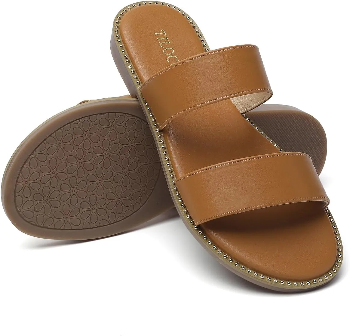 Tilocow Women's Flat Sandals with Rivets Inlaid Slip on Sandals Two Strap Casual Summer Slide Shoes