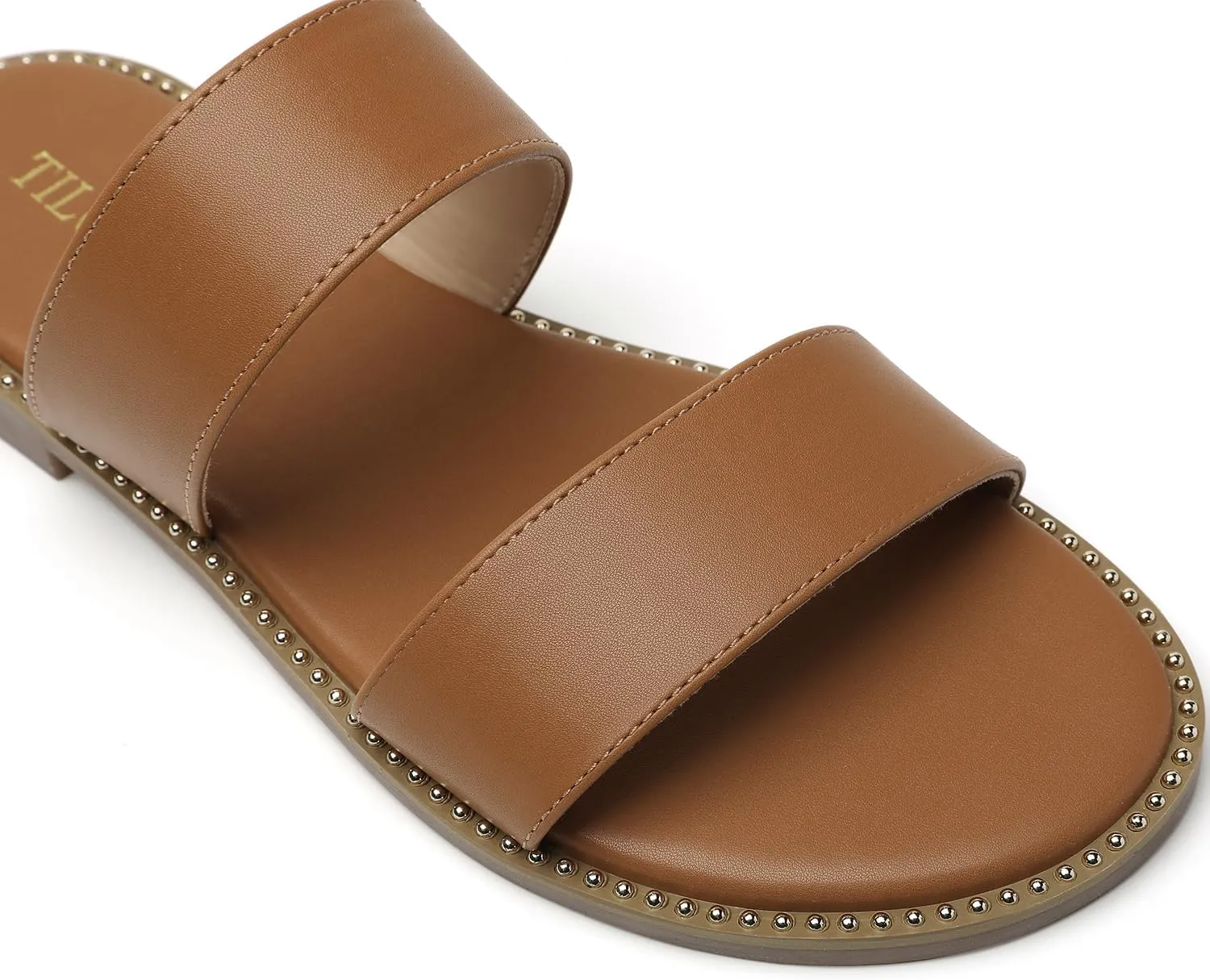 Tilocow Women's Flat Sandals with Rivets Inlaid Slip on Sandals Two Strap Casual Summer Slide Shoes