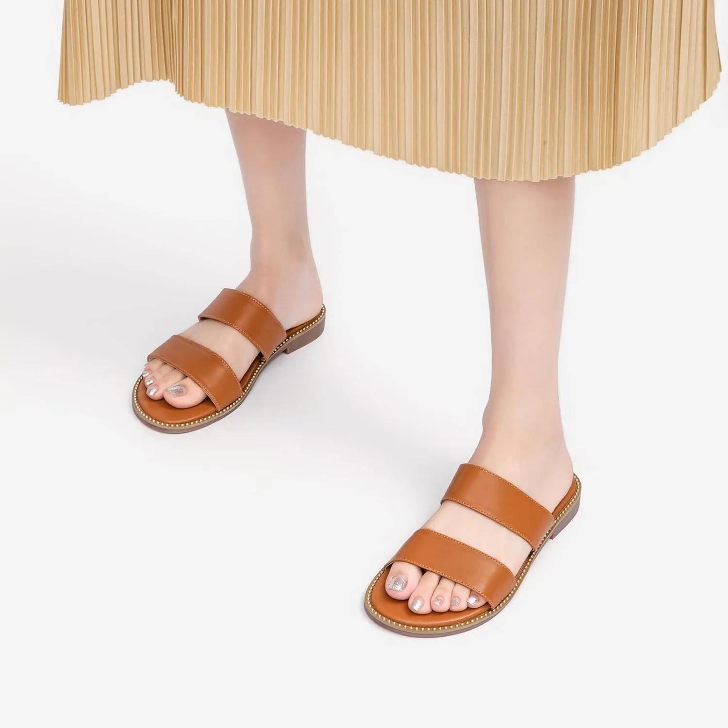 Tilocow Women's Flat Sandals with Rivets Inlaid Slip on Sandals Two Strap Casual Summer Slide Shoes