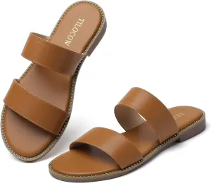 Tilocow Women's Flat Sandals with Rivets Inlaid Slip on Sandals Two Strap Casual Summer Slide Shoes