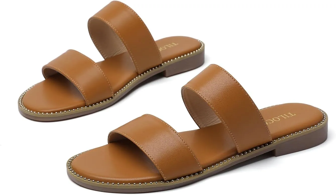 Tilocow Women's Flat Sandals with Rivets Inlaid Slip on Sandals Two Strap Casual Summer Slide Shoes