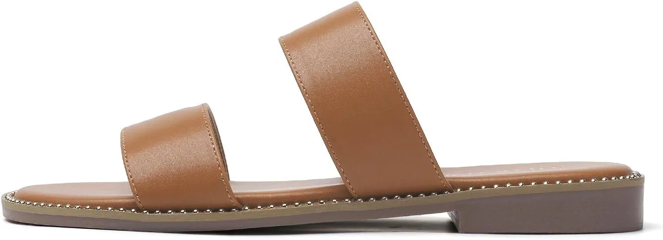 Tilocow Women's Flat Sandals with Rivets Inlaid Slip on Sandals Two Strap Casual Summer Slide Shoes