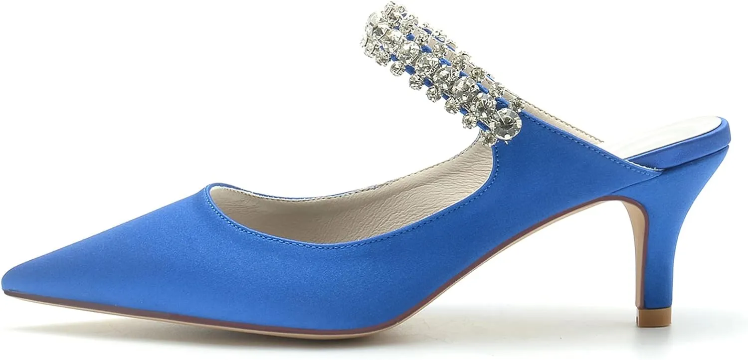 TNXZ 2.36'' Women Kitten Heeled Mules Rhinestone Strappy Pump Closed Toe Slip on Bridal Sandals Satin Evening Dress Shoes