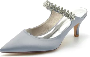 TNXZ 2.36'' Women Kitten Heeled Mules Rhinestone Strappy Pump Closed Toe Slip on Bridal Sandals Satin Evening Dress Shoes