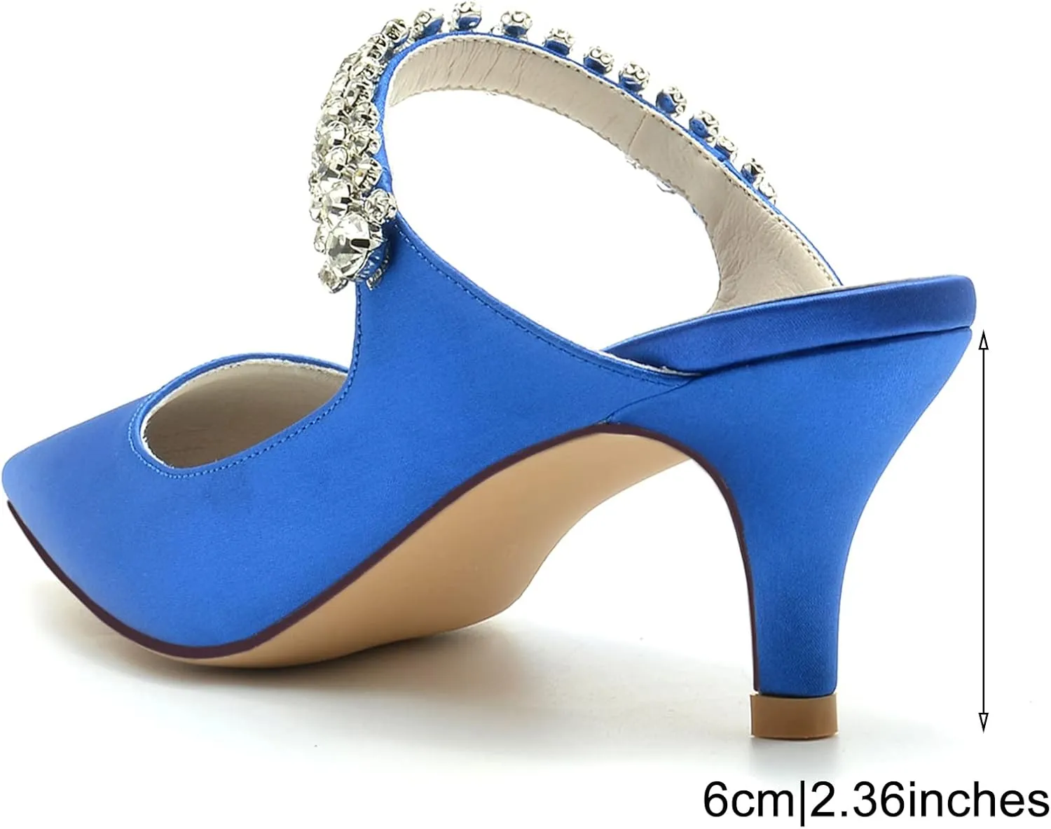 TNXZ 2.36'' Women Kitten Heeled Mules Rhinestone Strappy Pump Closed Toe Slip on Bridal Sandals Satin Evening Dress Shoes