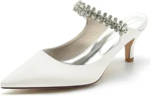 TNXZ 2.36'' Women Kitten Heeled Mules Rhinestone Strappy Pump Closed Toe Slip on Bridal Sandals Satin Evening Dress Shoes