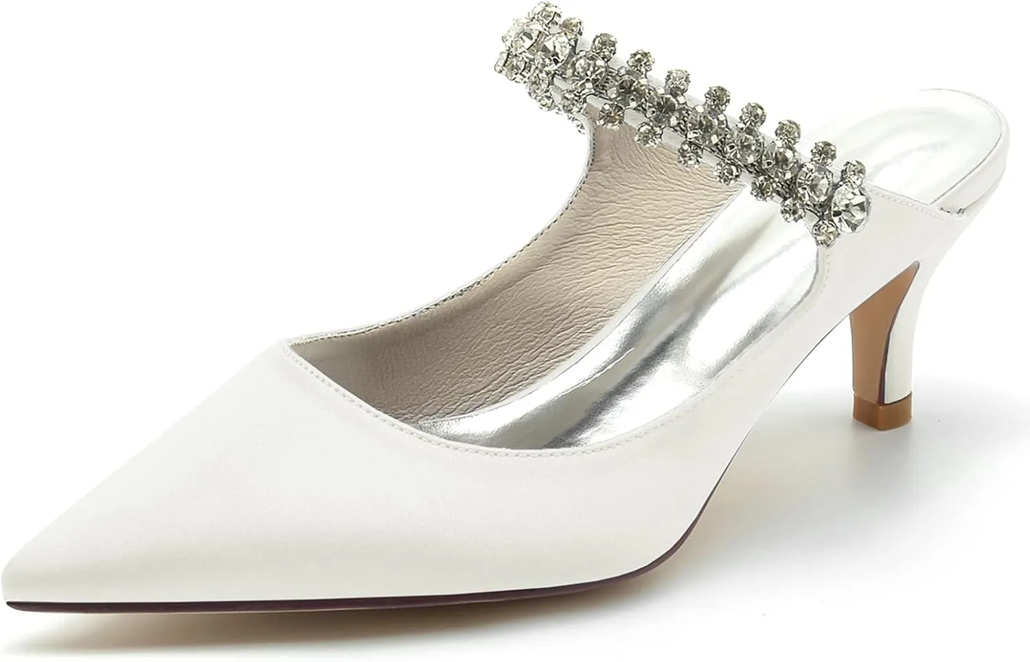 TNXZ 2.36'' Women Kitten Heeled Mules Rhinestone Strappy Pump Closed Toe Slip on Bridal Sandals Satin Evening Dress Shoes