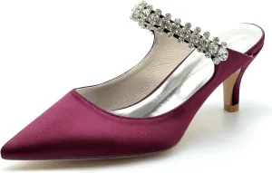 TNXZ 2.36'' Women Kitten Heeled Mules Rhinestone Strappy Pump Closed Toe Slip on Bridal Sandals Satin Evening Dress Shoes