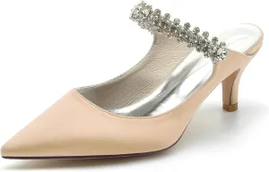 TNXZ 2.36'' Women Kitten Heeled Mules Rhinestone Strappy Pump Closed Toe Slip on Bridal Sandals Satin Evening Dress Shoes