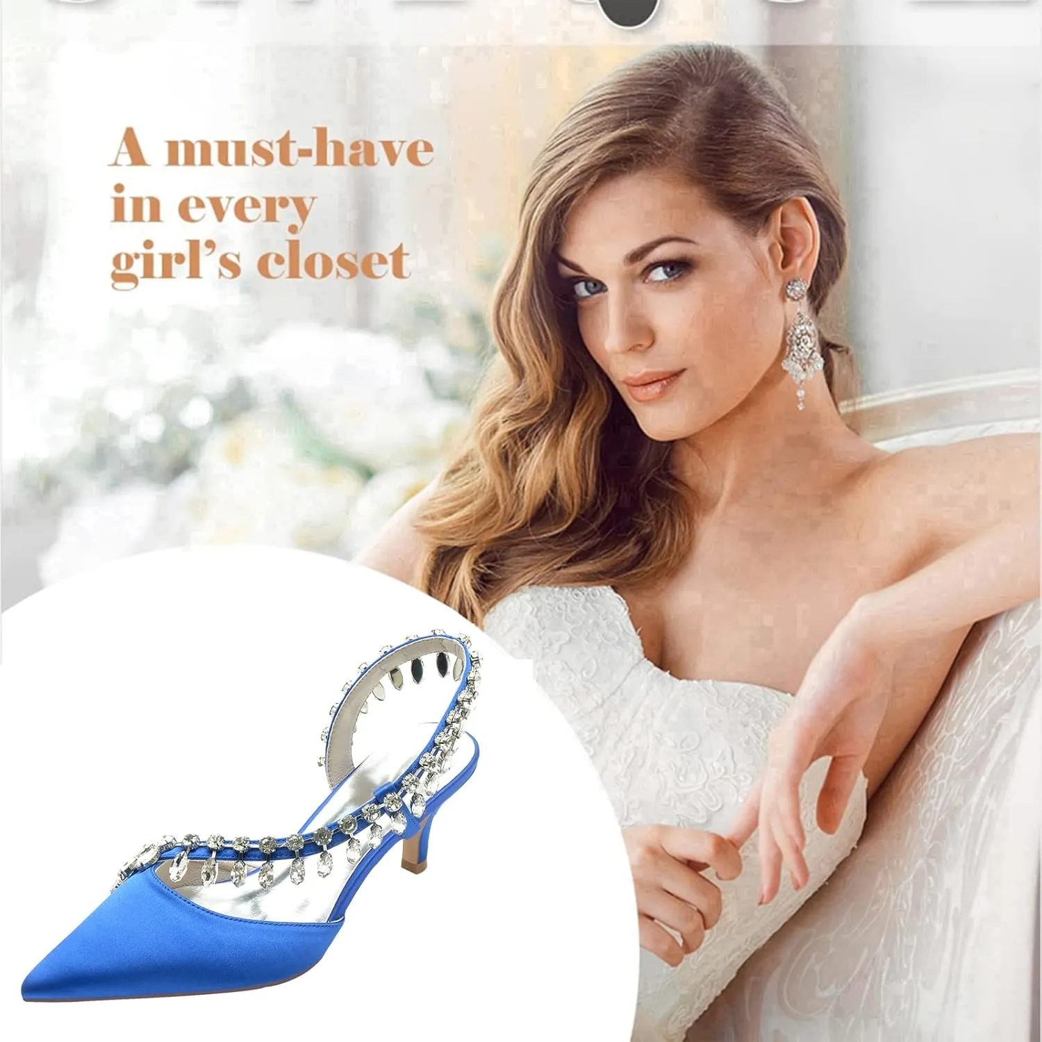 TNXZ 2.36'' Women Kitten Heeled Mules Rhinestone Strappy Pump Closed Toe Slip on Bridal Sandals Satin Evening Dress Shoes