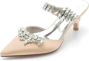 TNXZ Women Kitten Heeled Mules Rhinestone Strappy Pointed Toe Slip on Bridal Sandals for Women Satin Wedding Evening Dress Shoes