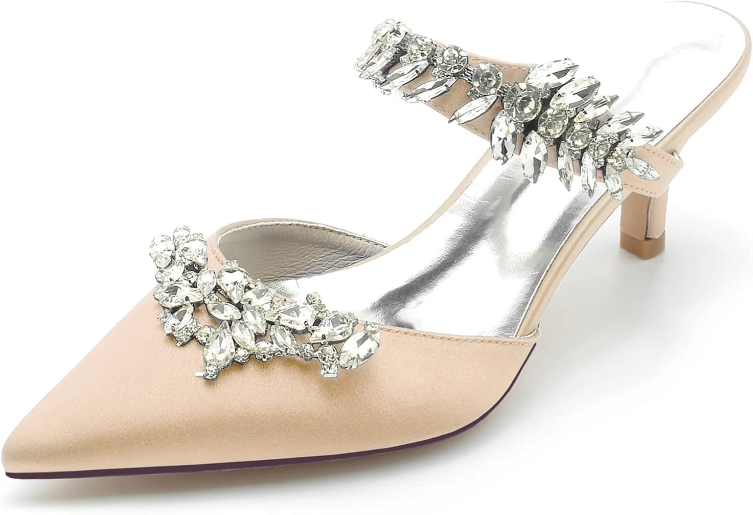 TNXZ Women Kitten Heeled Mules Rhinestone Strappy Pointed Toe Slip on Bridal Sandals for Women Satin Wedding Evening Dress Shoes