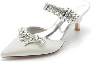 TNXZ Women Kitten Heeled Mules Rhinestone Strappy Pointed Toe Slip on Bridal Sandals for Women Satin Wedding Evening Dress Shoes