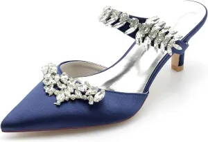 TNXZ Women Kitten Heeled Mules Rhinestone Strappy Pointed Toe Slip on Bridal Sandals for Women Satin Wedding Evening Dress Shoes