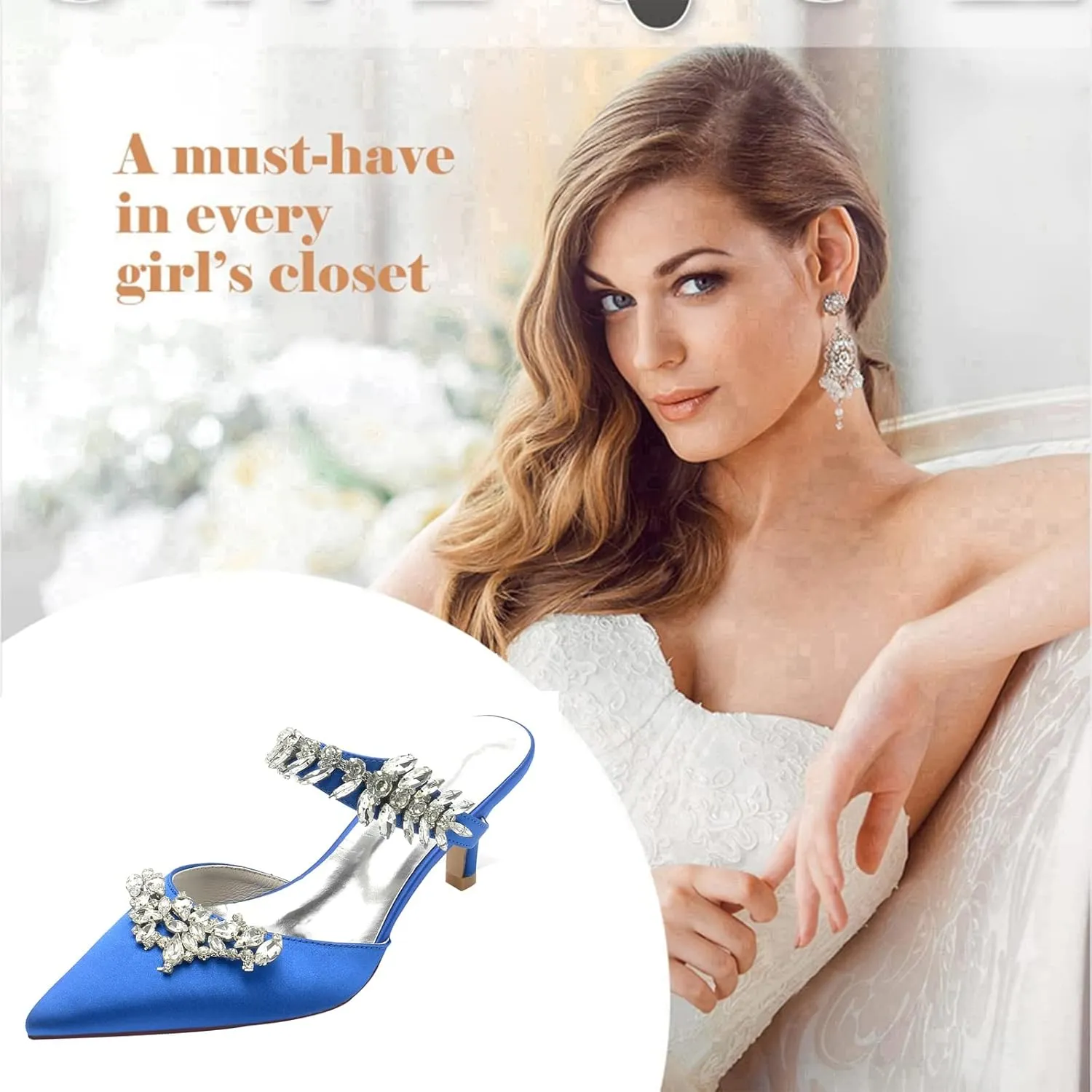 TNXZ Women Kitten Heeled Mules Rhinestone Strappy Pointed Toe Slip on Bridal Sandals for Women Satin Wedding Evening Dress Shoes
