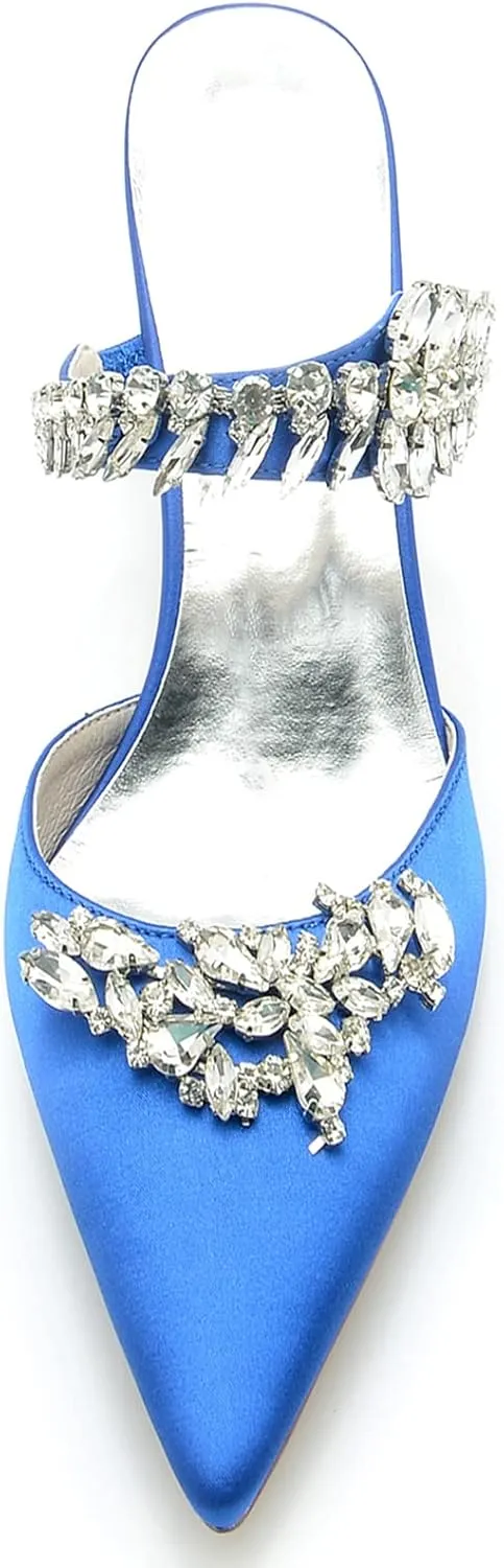 TNXZ Women Kitten Heeled Mules Rhinestone Strappy Pointed Toe Slip on Bridal Sandals for Women Satin Wedding Evening Dress Shoes