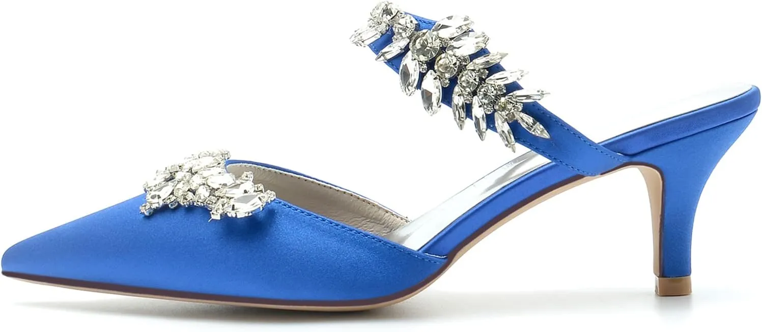 TNXZ Women Kitten Heeled Mules Rhinestone Strappy Pointed Toe Slip on Bridal Sandals for Women Satin Wedding Evening Dress Shoes
