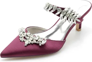 TNXZ Women Kitten Heeled Mules Rhinestone Strappy Pointed Toe Slip on Bridal Sandals for Women Satin Wedding Evening Dress Shoes