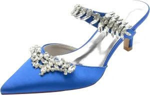 TNXZ Women Kitten Heeled Mules Rhinestone Strappy Pointed Toe Slip on Bridal Sandals for Women Satin Wedding Evening Dress Shoes