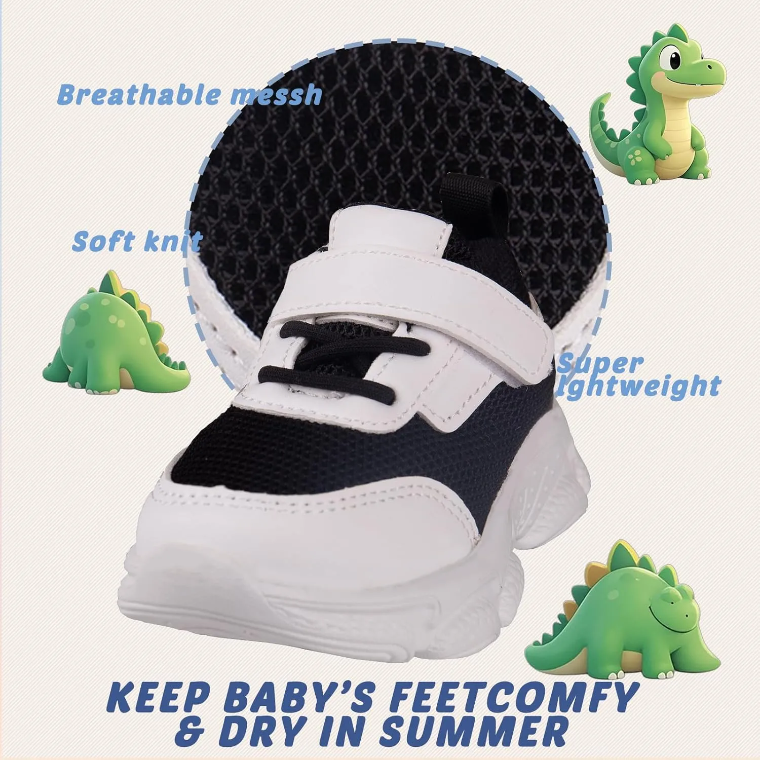 Toddler Baby Girls Boys Tennis White Walking Barefoot Slip on Shoes 18-24 Months Size 5 Wide Toe Box Summer Soft Sole Flexible Dinosaur Cheer Shoes Breathable Outdoor Soccer Rubber Sneakers