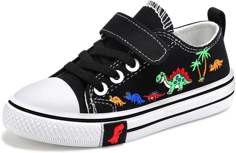 Toddler Boys Girls Slip On Canvas Sneakers Cartoon Dinasour Printed Little Kid Unisex Adjustable Strap Walking Shoes Lazy Shoes with Hook and Loops