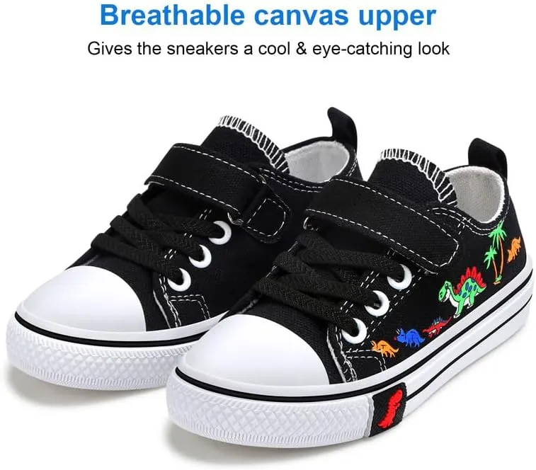 Toddler Boys Girls Slip On Canvas Sneakers Cartoon Dinasour Printed Little Kid Unisex Adjustable Strap Walking Shoes Lazy Shoes with Hook and Loops
