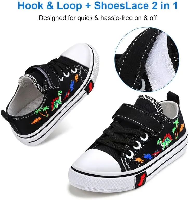 Toddler Boys Girls Slip On Canvas Sneakers Cartoon Dinasour Printed Little Kid Unisex Adjustable Strap Walking Shoes Lazy Shoes with Hook and Loops