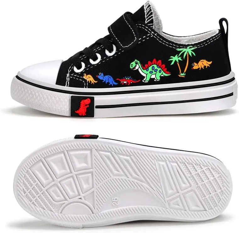 Toddler Boys Girls Slip On Canvas Sneakers Cartoon Dinasour Printed Little Kid Unisex Adjustable Strap Walking Shoes Lazy Shoes with Hook and Loops