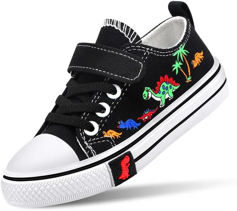 Toddler Boys Girls Slip On Canvas Sneakers Cartoon Dinasour Printed Little Kid Unisex Adjustable Strap Walking Shoes Lazy Shoes with Hook and Loops