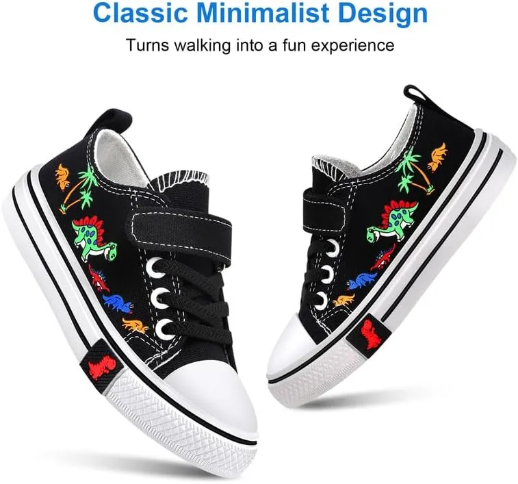 Toddler Boys Girls Slip On Canvas Sneakers Cartoon Dinasour Printed Little Kid Unisex Adjustable Strap Walking Shoes Lazy Shoes with Hook and Loops