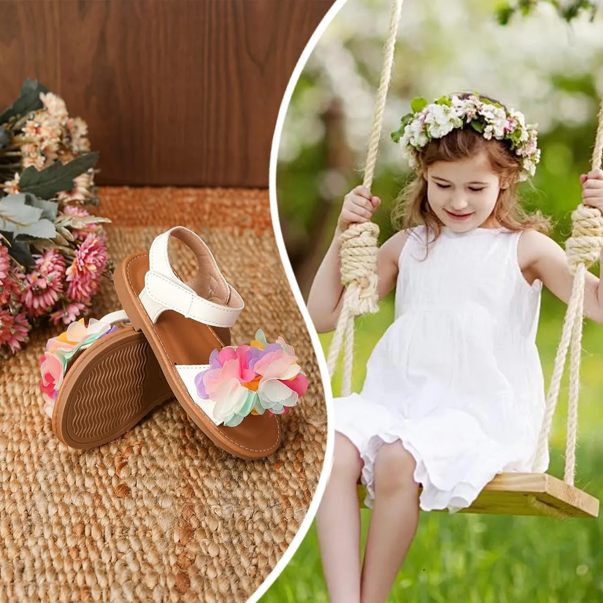 Toddler Girls Sandals Open Toe Summer Flats Flower Girl Dress Shoes for Baby Little Kids
