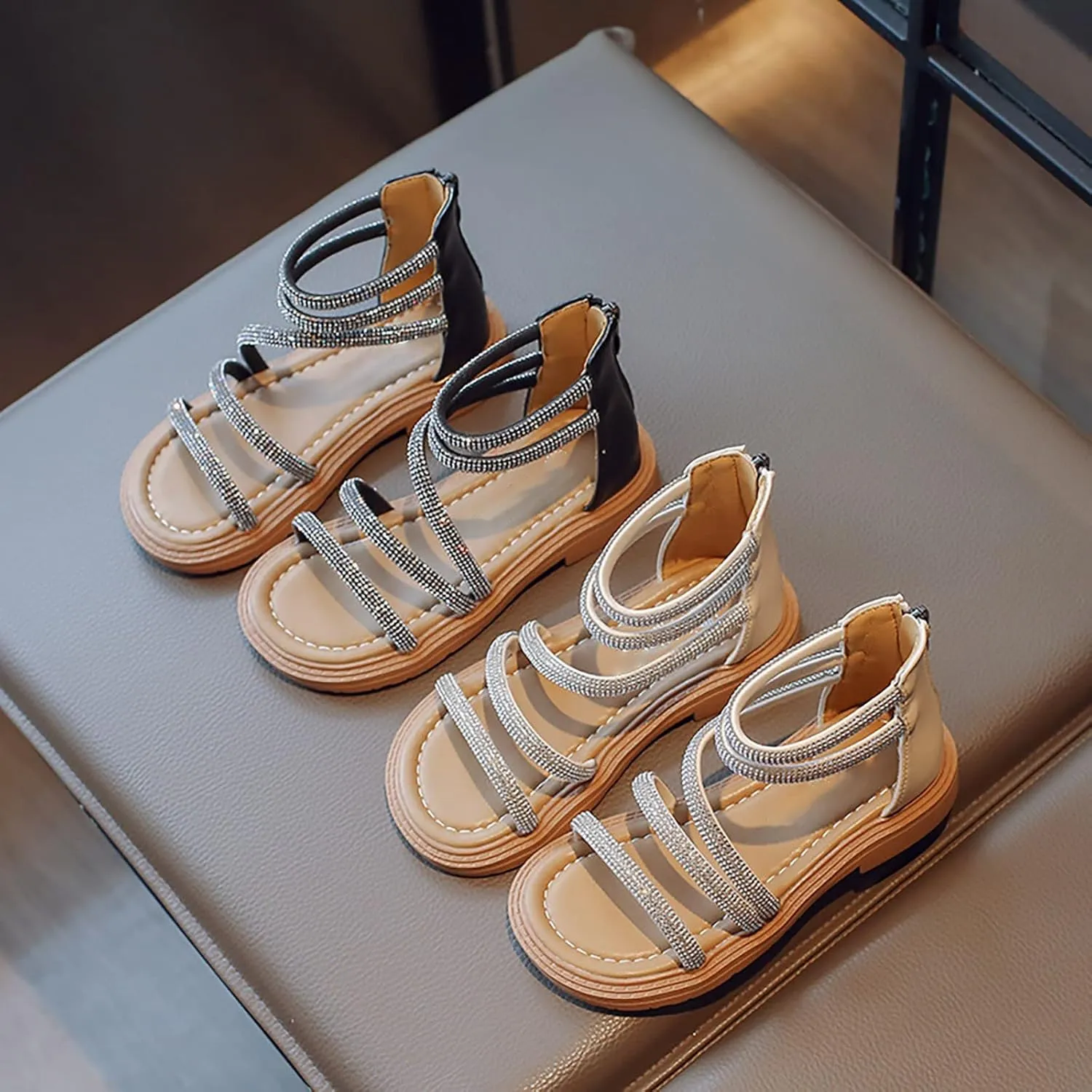 Toddler Kid Girl Casual Rome Sandal Rubber Soft Sole Ankle Strap Zipper Princess Low Heel 𝐆ladiator Flat Shoe