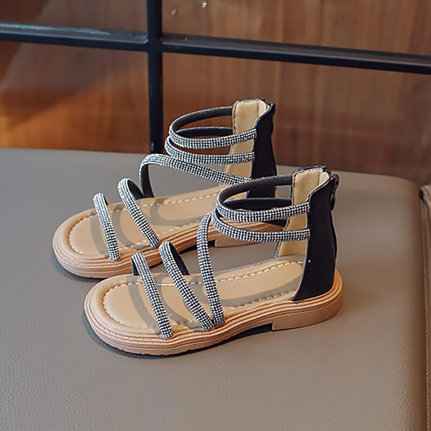 Toddler Kid Girl Casual Rome Sandal Rubber Soft Sole Ankle Strap Zipper Princess Low Heel 𝐆ladiator Flat Shoe