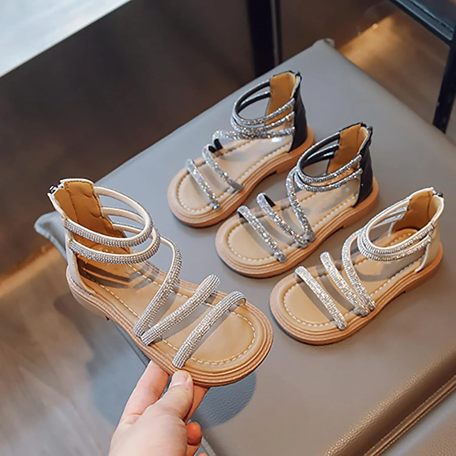 Toddler Kid Girl Casual Rome Sandal Rubber Soft Sole Ankle Strap Zipper Princess Low Heel 𝐆ladiator Flat Shoe