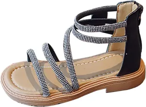 Toddler Kid Girl Casual Rome Sandal Rubber Soft Sole Ankle Strap Zipper Princess Low Heel 𝐆ladiator Flat Shoe