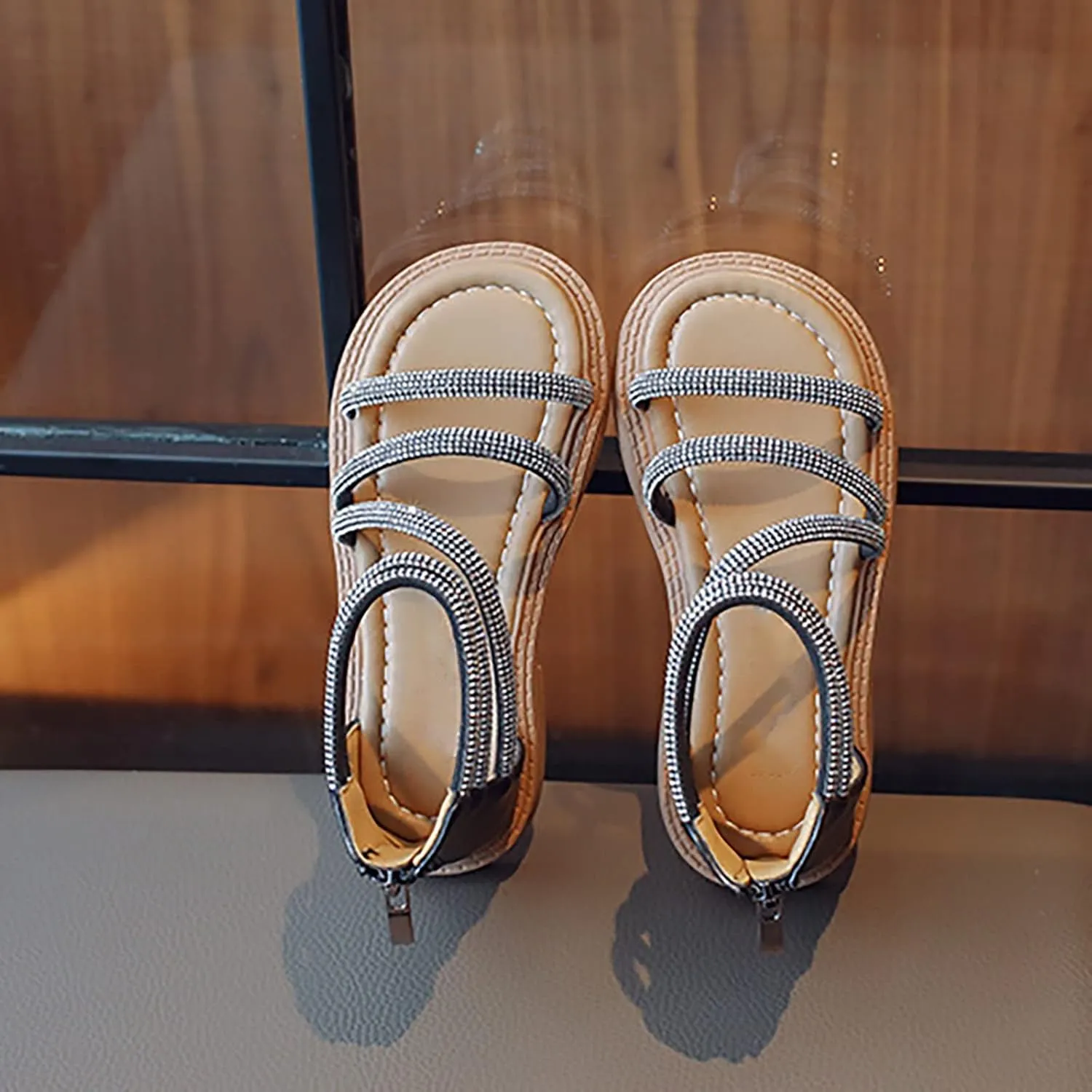 Toddler Kid Girl Casual Rome Sandal Rubber Soft Sole Ankle Strap Zipper Princess Low Heel 𝐆ladiator Flat Shoe