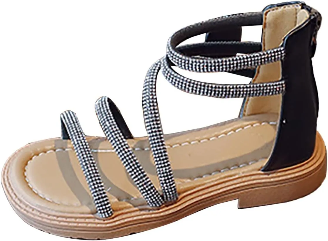 Toddler Kid Girl Casual Rome Sandal Rubber Soft Sole Ankle Strap Zipper Princess Low Heel 𝐆ladiator Flat Shoe