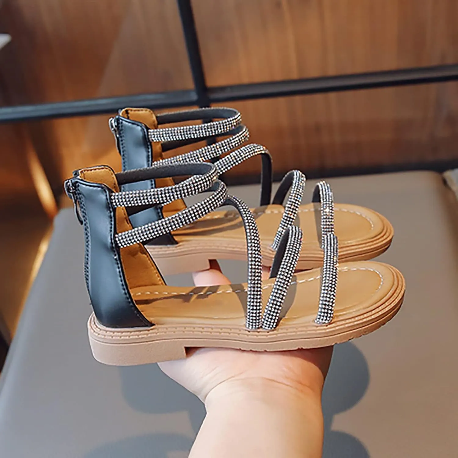 Toddler Kid Girl Casual Rome Sandal Rubber Soft Sole Ankle Strap Zipper Princess Low Heel 𝐆ladiator Flat Shoe