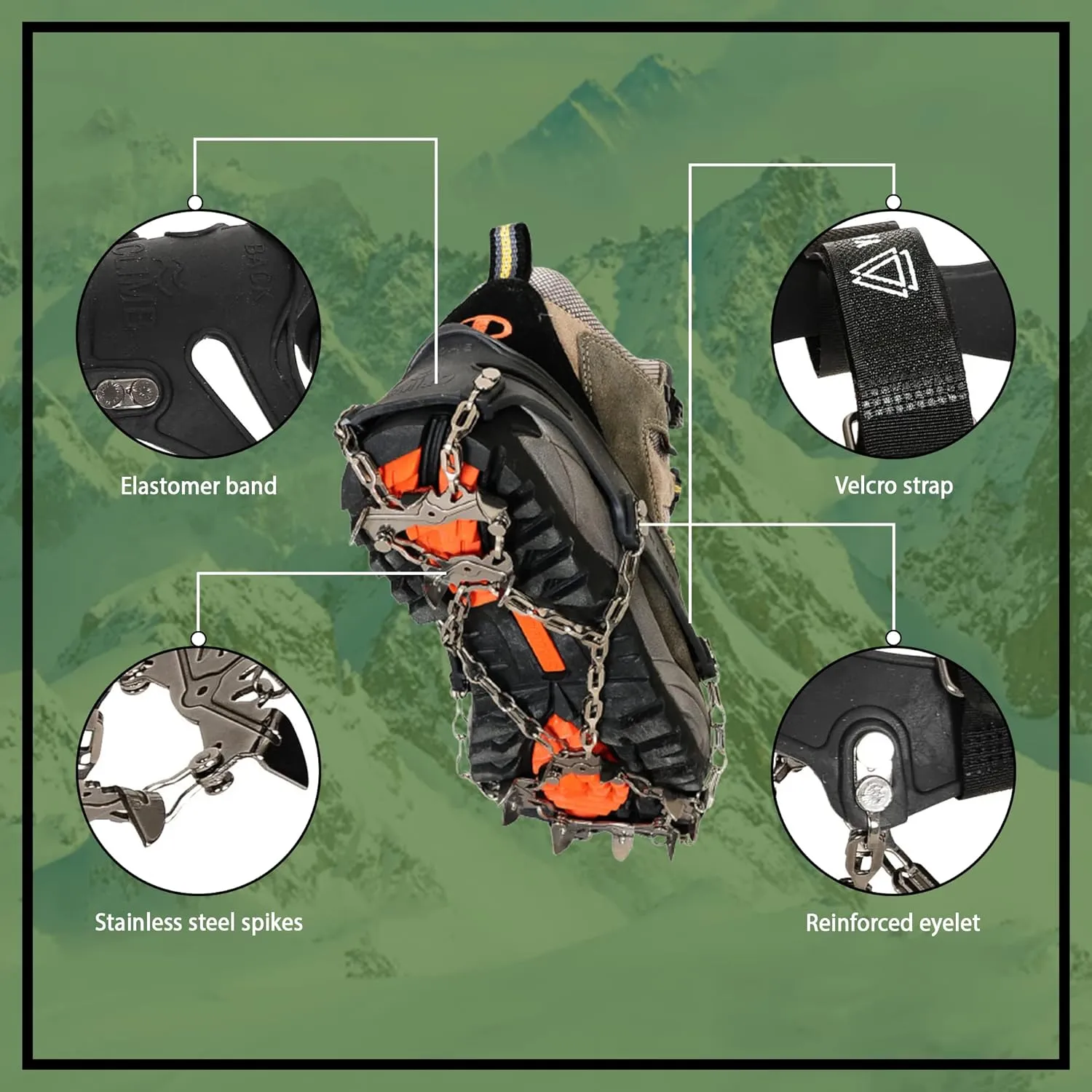 Trail Spikes Crampons Ice Grips for Hiking - Winter Shoes/Boots with 14 Stainless Steel Spikes, Anti-Slip Traction Cleats for Snow Ice Walking Climbing Mountaineering