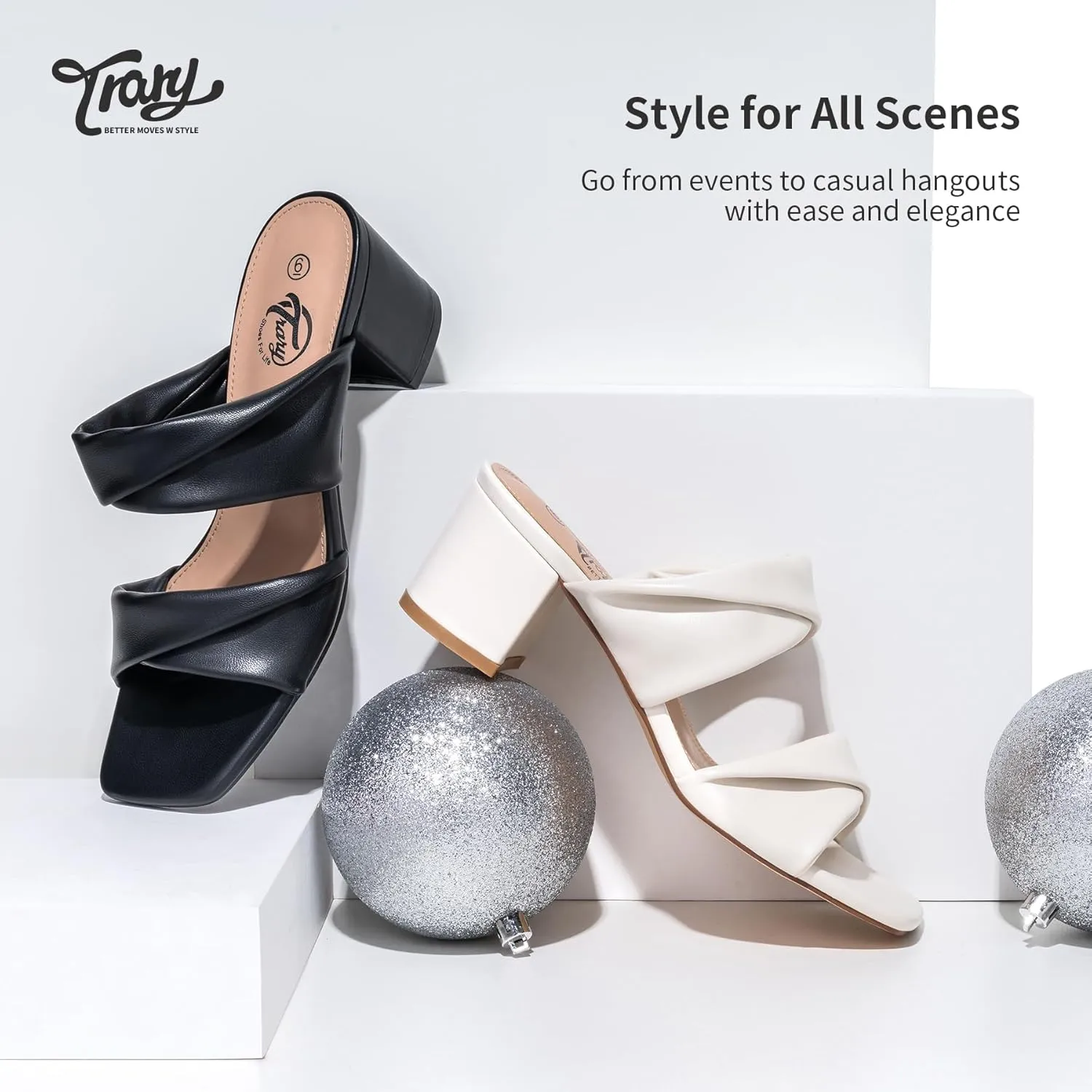 Trary Women's Sandals, Square Toe Heels Sandals, 2inch Black White Nude Chunky Block Heels Sandals