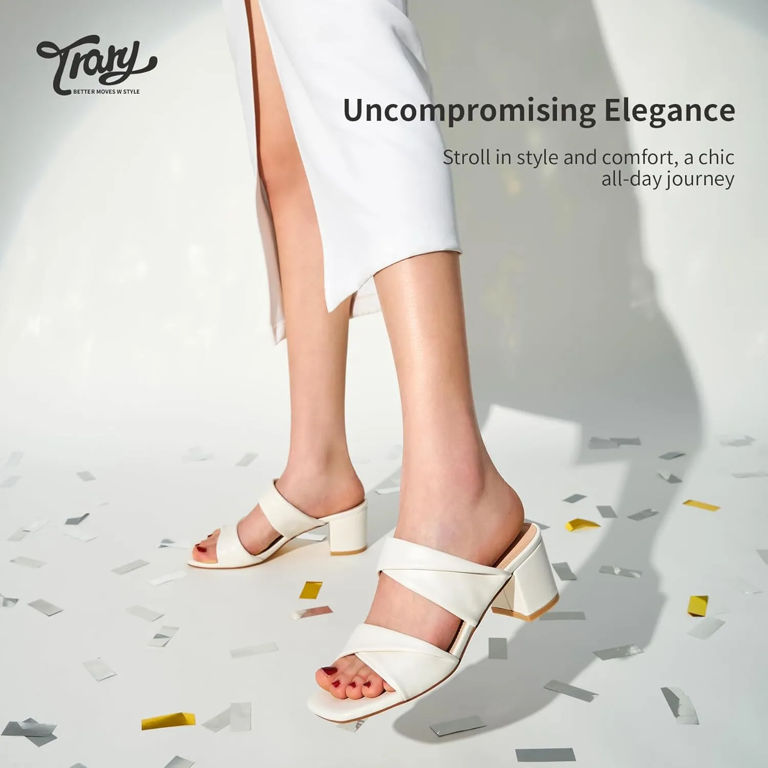 Trary Women's Sandals, Square Toe Heels Sandals, 2inch Black White Nude Chunky Block Heels Sandals