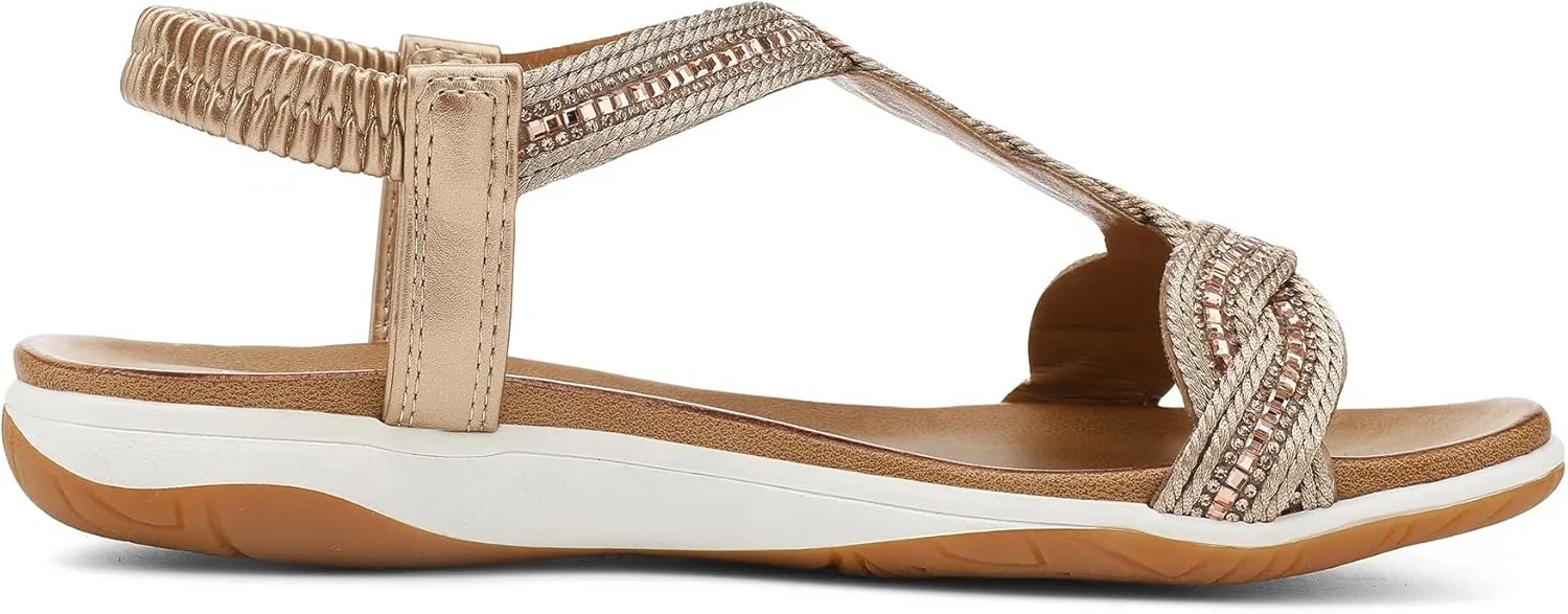 UBFEN Flat Sandals For Women Dressy Walking Comfortable Sandal With Rhinestone Braid Elastic Strap Summer Vacation